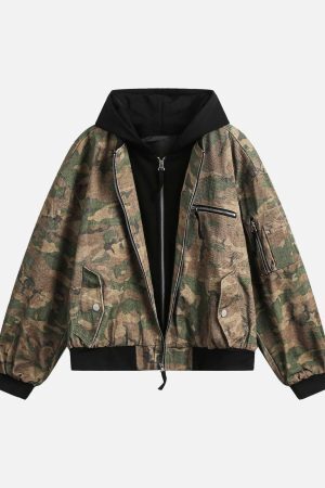 Concert Outfit Camouflage Faux Two-Piece Hooded Jacket