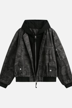 Concert Outfit Camouflage Faux Two-Piece Hooded Jacket