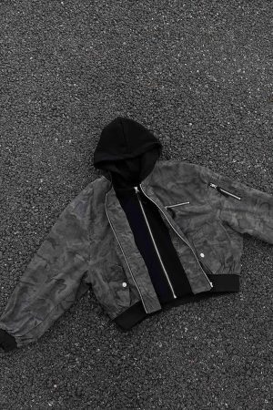 Concert Outfit Camouflage Faux Two-Piece Hooded Jacket