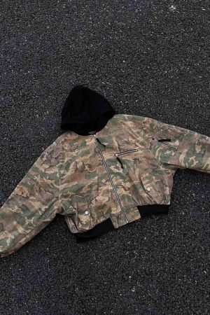 Concert Outfit Camouflage Faux Two-Piece Hooded Jacket