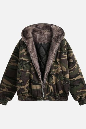 Concert Outfit Camouflage Fur Collar Hooded Quilted Jacket