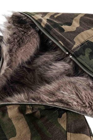 Concert Outfit Camouflage Fur Collar Hooded Quilted Jacket
