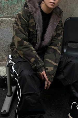 Concert Outfit Camouflage Fur Collar Hooded Quilted Jacket