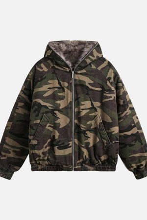 Concert Outfit Camouflage Fur Collar Hooded Quilted Jacket
