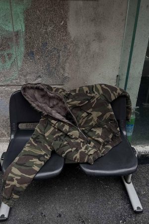 Concert Outfit Camouflage Fur Collar Hooded Quilted Jacket