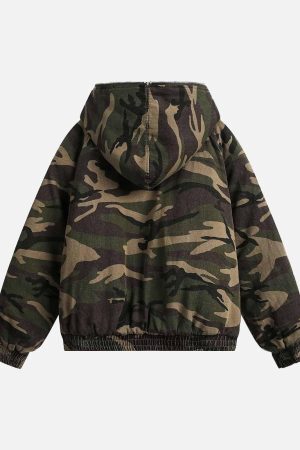 Concert Outfit Camouflage Fur Collar Hooded Quilted Jacket