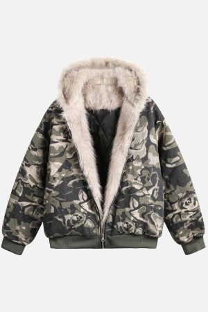 Concert Outfit Camouflage Fur Hooded Jacket