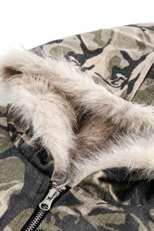 Concert Outfit Camouflage Fur Hooded Jacket