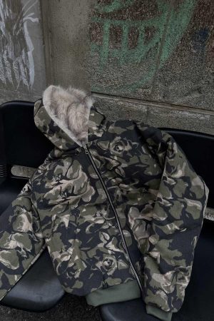 Concert Outfit Camouflage Fur Hooded Jacket