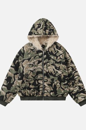 Concert Outfit Camouflage Fur Zipper Hoodie