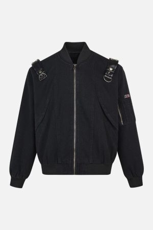 Concert Outfit Camouflage Leather Shoulder Pad Denim Bomber Jacket