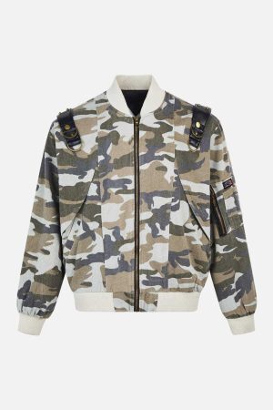 Concert Outfit Camouflage Leather Shoulder Pad Denim Bomber Jacket