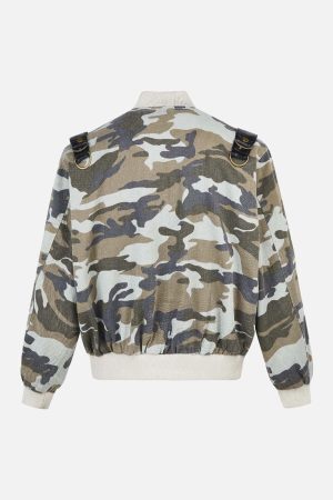 Concert Outfit Camouflage Leather Shoulder Pad Denim Bomber Jacket