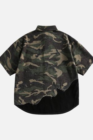 Concert Outfit Camouflage Patchwork Print Letter Short Sleeve Shirt