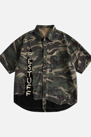Concert Outfit Camouflage Patchwork Print Letter Short Sleeve Shirt