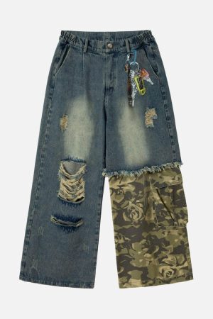 Concert Outfit Camouflage Patchwork Workwear Straight Jeans
