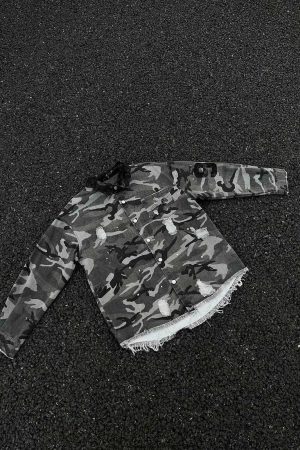 Concert Outfit Camouflage Ripped Lace Denim Shirt