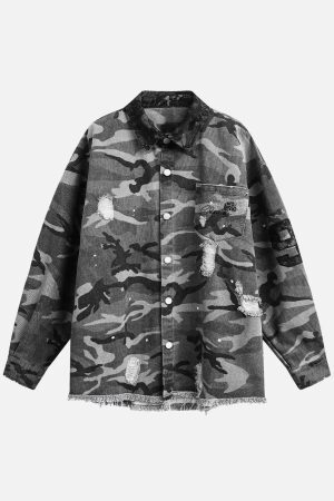 Concert Outfit Camouflage Ripped Lace Denim Shirt