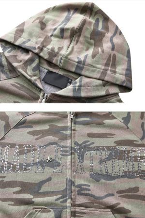 Concert Outfit Camouflage Sequin Letter Pattern Zipper Hoodie