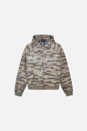 Concert Outfit Camouflage Sequin Letter Pattern Zipper Hoodie