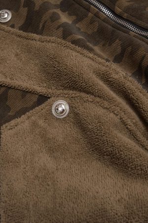 Concert Outfit Camouflage Spliced Fur Hooded Fleece Jacket