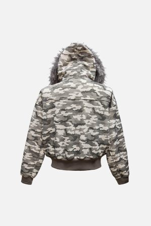 Concert Outfit Camouflage Spliced Fur Hooded Fleece Jacket