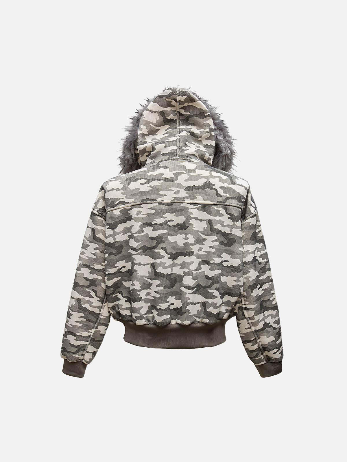 Concert Outfit Camouflage Spliced Fur Hooded Fleece Jacket Concert Outfit Camouflage Spliced Fur Hooded Fleece Jacket