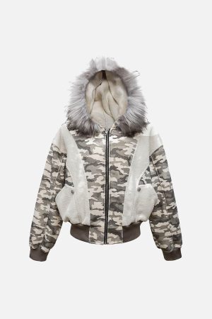 Concert Outfit Camouflage Spliced Fur Hooded Fleece Jacket