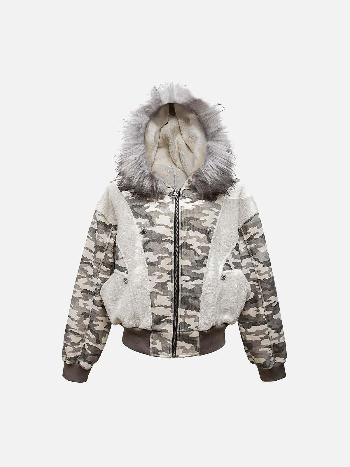 Concert Outfit Camouflage Spliced Fur Hooded Fleece Jacket Concert Outfit Camouflage Spliced Fur Hooded Fleece Jacket