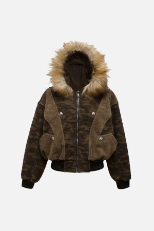 Concert Outfit Camouflage Spliced Fur Hooded Fleece Jacket