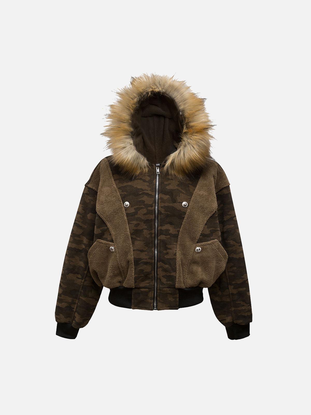 Concert Outfit Camouflage Spliced Fur Hooded Fleece Jacket Concert Outfit Camouflage Spliced Fur Hooded Fleece Jacket