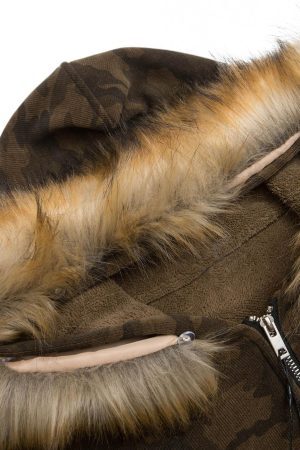 Concert Outfit Camouflage Spliced Fur Hooded Fleece Jacket
