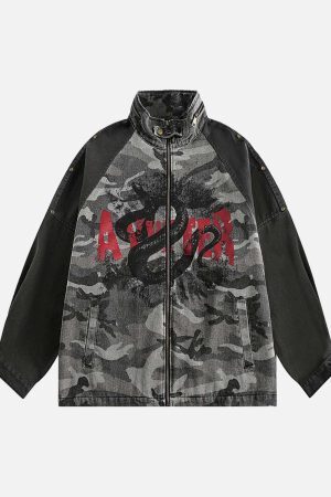 Concert Outfit Camouflage Stitching Stand Collar Military Jacket