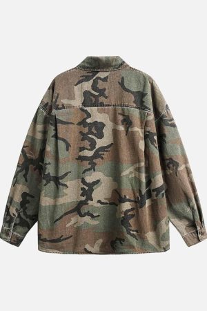 Concert Outfit Camouflage Washed Distressed Denim Shirt