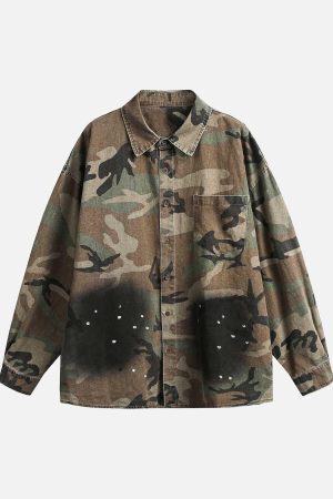 Concert Outfit Camouflage Washed Distressed Denim Shirt