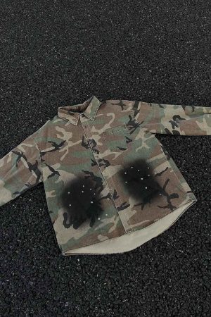Concert Outfit Camouflage Washed Distressed Denim Shirt