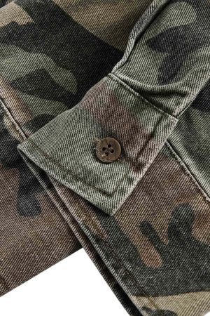 Concert Outfit Camouflage Washed Distressed Denim Shirt