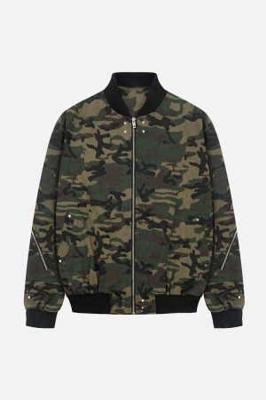 Concert Outfit Cargo Camouflage Multi Zipper Bomber Jacket