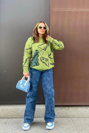 Concert Outfit Cartoon Dinosaur Printed Sweater