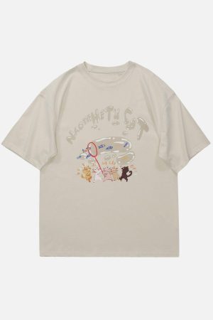 Concert Outfit Cartoon Kitten Fishing Graphic Tee