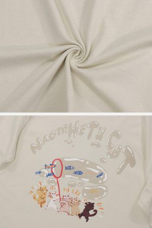 Concert Outfit Cartoon Kitten Fishing Graphic Tee