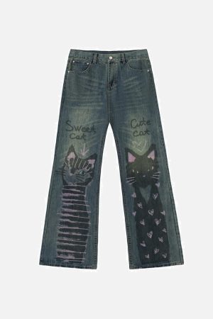Concert Outfit Cat Graffiti Print Jeans
