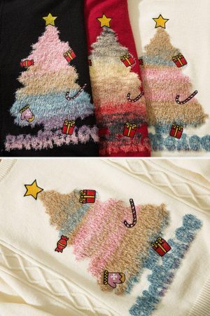 Concert Outfit Christmas Tree Embroidery Print Sweater