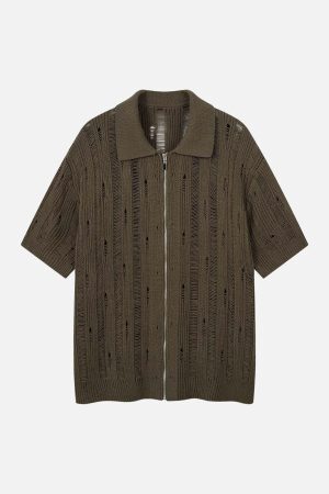 Concert Outfit Cleanfit Black Knit Zip-Up Short-Sleeve Shirt