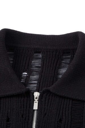 Concert Outfit Cleanfit Black Knit Zip-Up Short-Sleeve Shirt