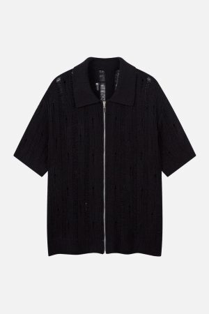 Concert Outfit Cleanfit Black Knit Zip-Up Short-Sleeve Shirt
