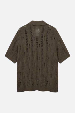 Concert Outfit Cleanfit Black Knit Zip-Up Short-Sleeve Shirt