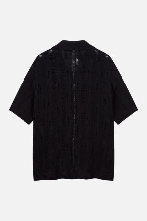 Concert Outfit Cleanfit Black Knit Zip-Up Short-Sleeve Shirt