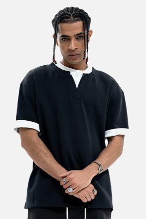 Concert Outfit Cleanfit Faux Two-Piece Oversized T-Shirt