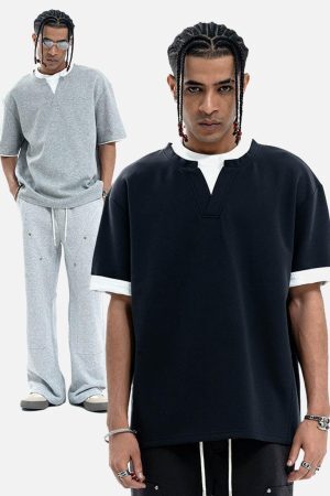 Concert Outfit Cleanfit Faux Two-Piece Oversized T-Shirt